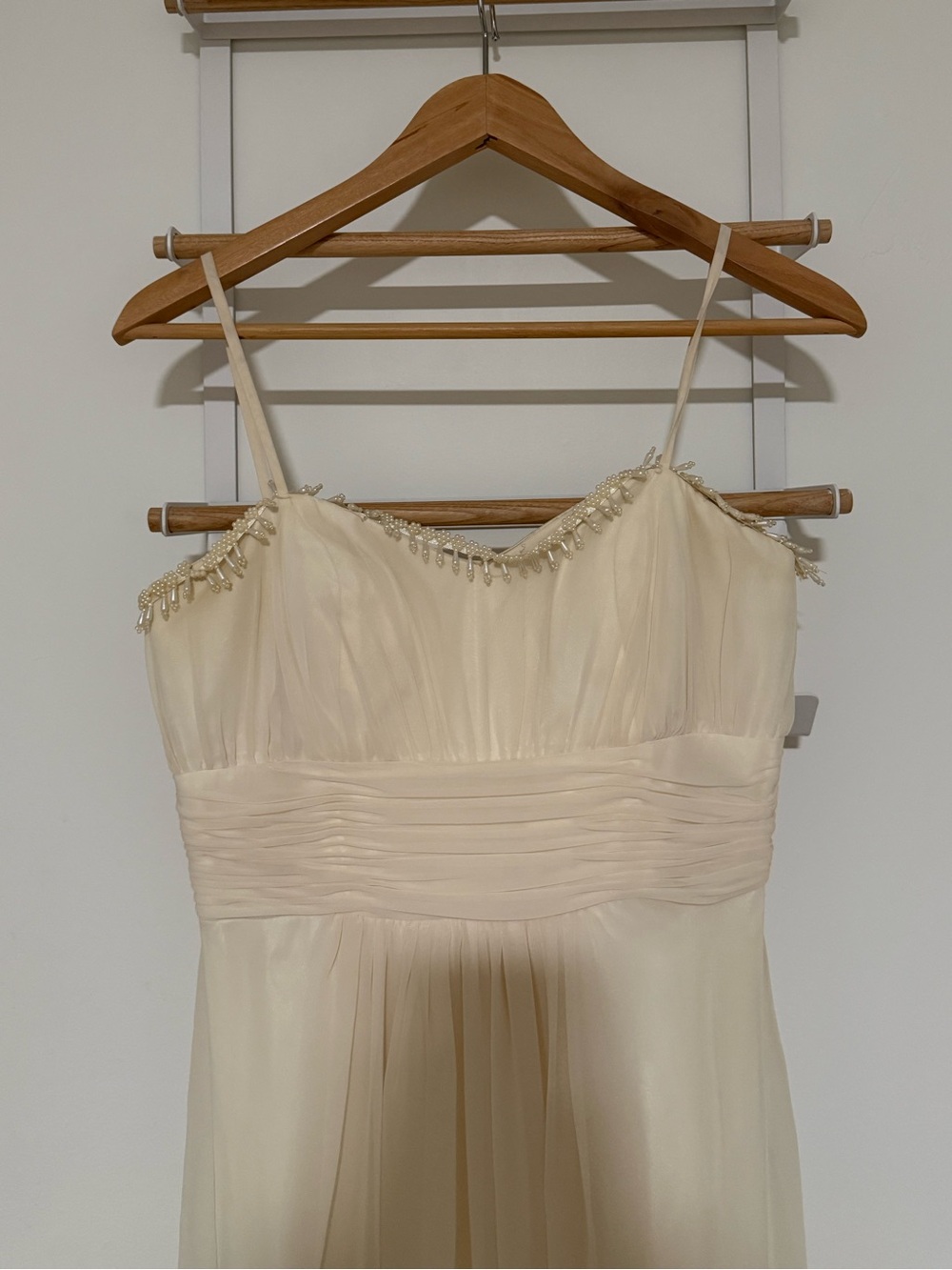 Elegant Cream Spaghetti-Strap Evening Dress with Beaded Trim